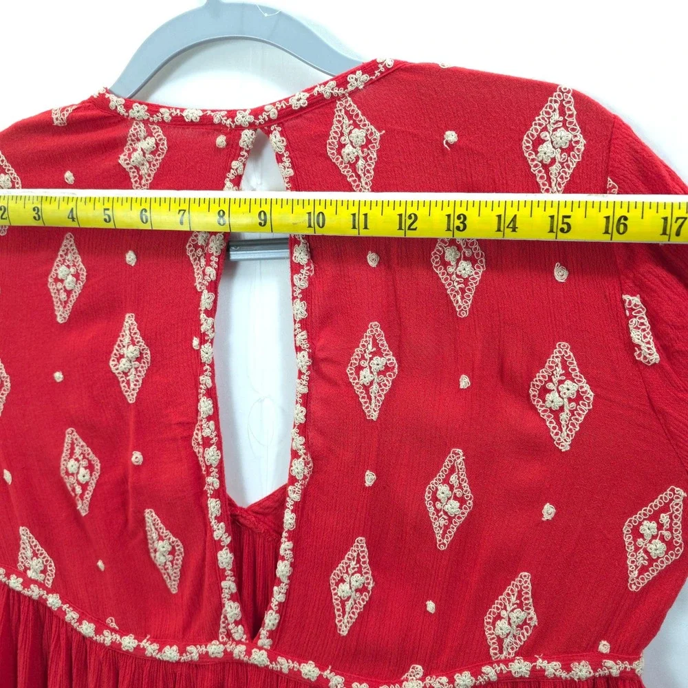 Free People Red Embroidered Boho Tunic Dress Mini Bell Sleeve S Babydoll Chic